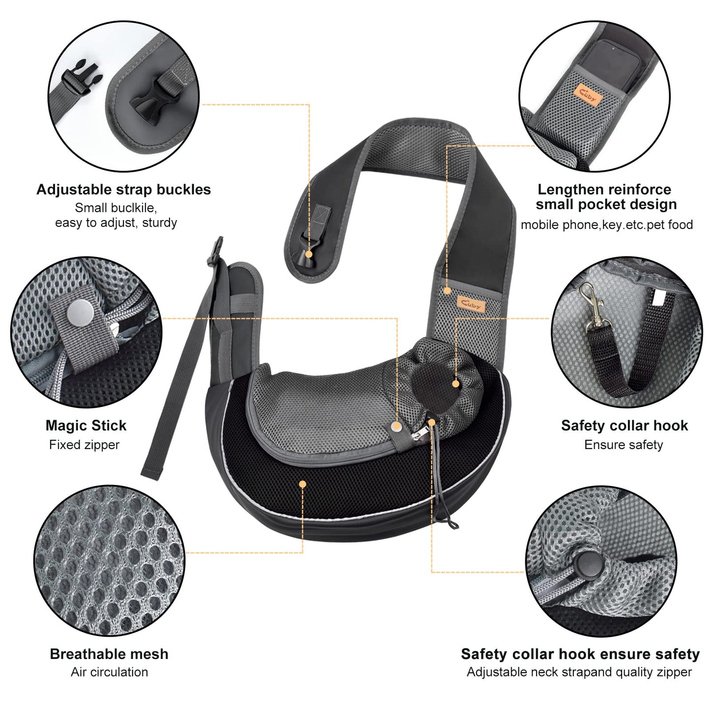CUBY Pet Sling Carrier for Puppy Dog, Dogs Sling Carrier Breathable, Safety Front Pocket Pet Sling Carrier, Hands-Free Mesh Bag with Adjustable Shoulder Strap for Outdoor and Travel (Black, S)
