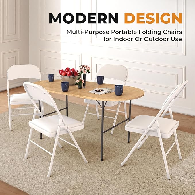 8 Pack Leather Chair | Foldable & Stackable | 350 lbs Capacity Steel Frame Seats for Indoor or Outdoor | Commercial Use Events Wedding Party Events Bulk Picnic Kitchen Dining - White