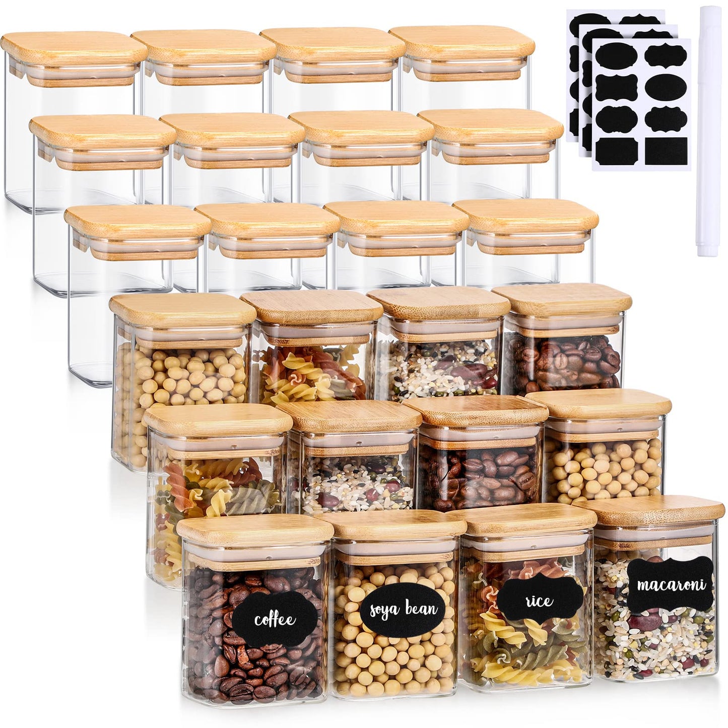 Bokon 24 Pcs Glass Spice Jars with Bamboo Lid 7oz Spice Container with Sticker Labels Pen for Kitchen Sugar Coffee Tea (2.4 x 3.2 inch)