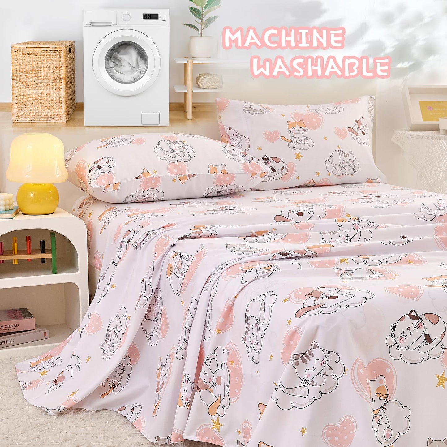 Yibeizi Cat Full Sheet Set for Girls, Kids Cute Pink Heart Bedsheet Microfiber Deep Pocket Bedding Sheets & Pillowcases 4 Pieces