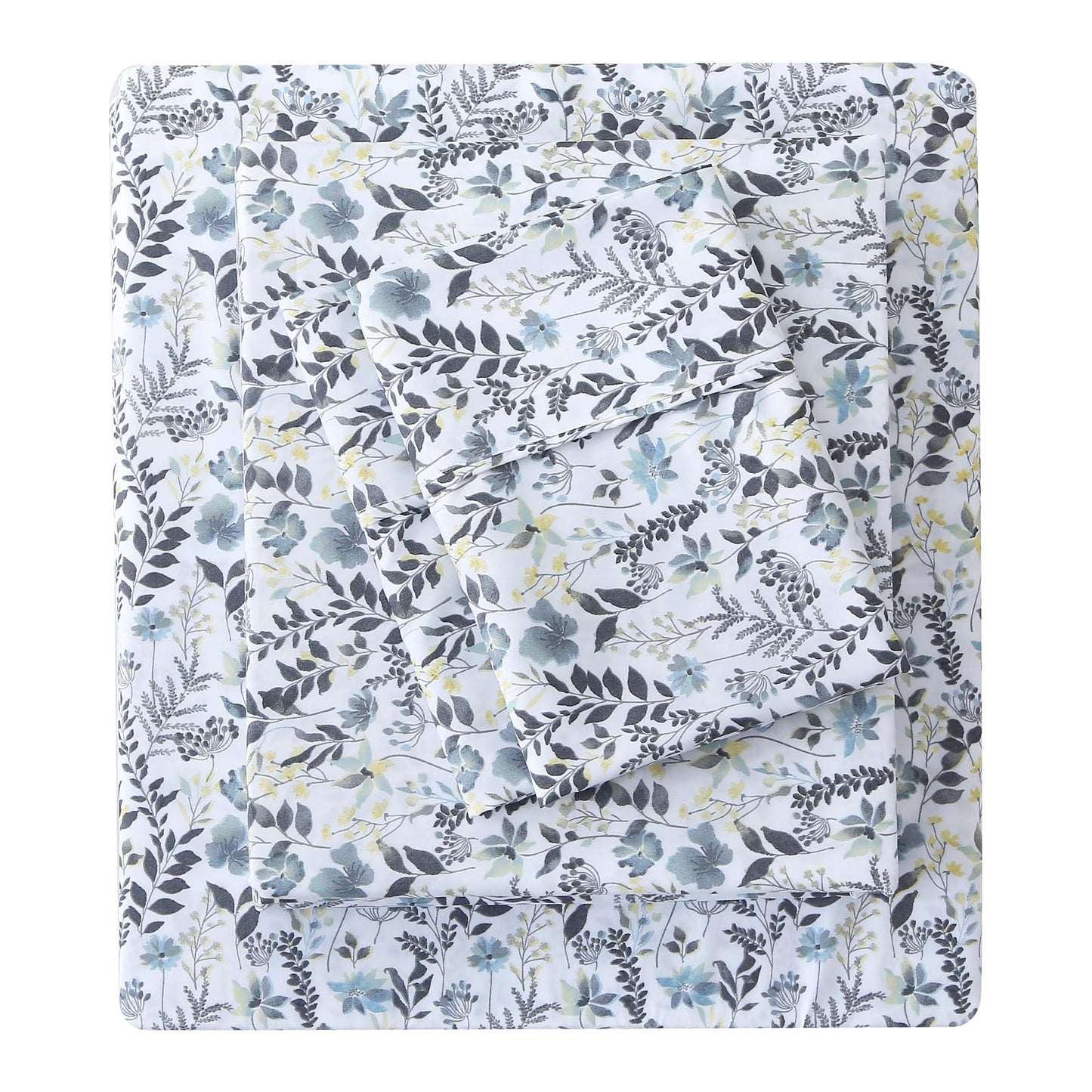 Mooreeke Cozy Vintage Microfiber Printed Queen Sheet Set - Soft Breathable Percale Cotton Floral Bed Sheets with Deep Pocket - Non-Slip Fitted Design - Yellow Blue Gray Gradient Flowers Pattern