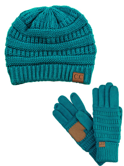 C.C Unisex Soft Stretch Cable Knit Beanie and Anti-Slip Touchscreen Gloves 2 Pc Set, Teal
