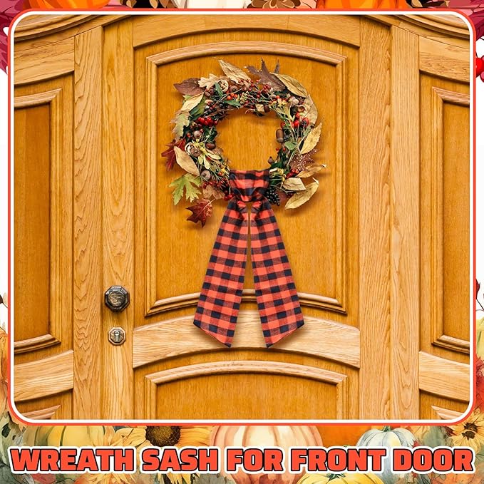 Wreath Sash for Front Door Wreath Satin Sash Blank Sashes Embroidery Monogram Yard Doorway Indoor Outdoor Wall Ribbon Bow Home Decor(Orange, Black,Fall Plaid)