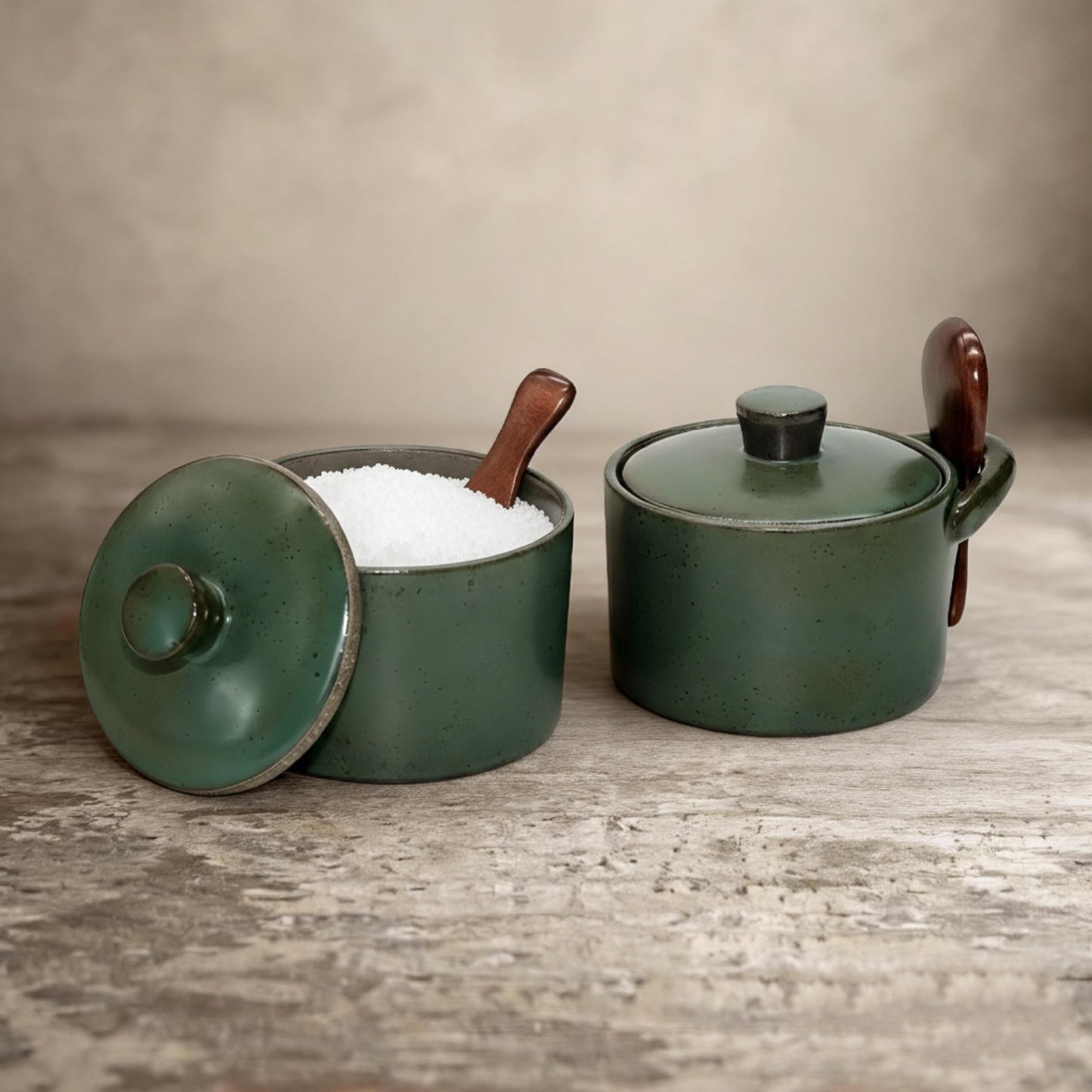 seicasaya Handcrafted Speckled Ceramic Salt Cellar with Wooden Spoon, Rustic Vintage Spice Jar, Dishwasher Safe, 8.45 fl oz (Vintage Green set of 2)