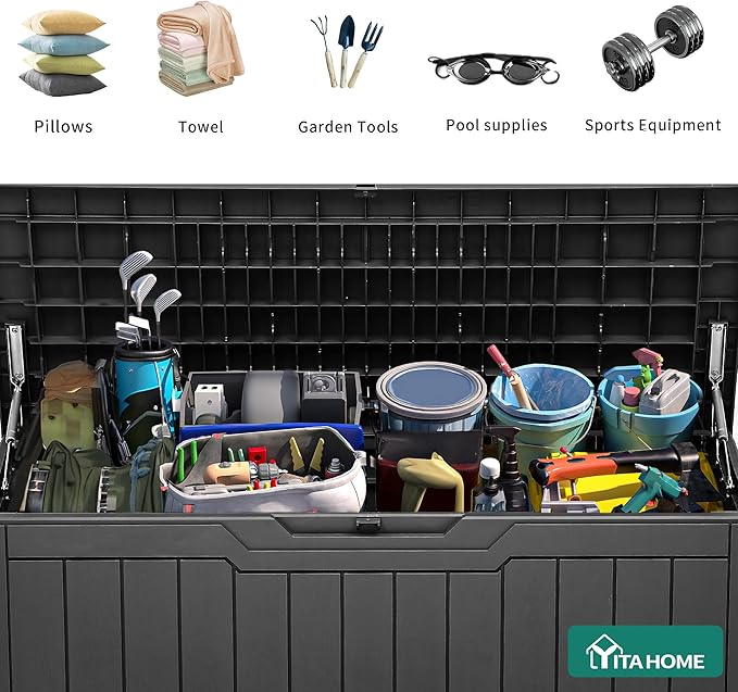 YITAHOME 80 Gallon Outdoor Storage Box, Large Waterproof Resin Deck Box, Indoor Outdoor Lockable Storage Container for Patio, Garden, Cushions, Tools, Equipment (Dark Gray)