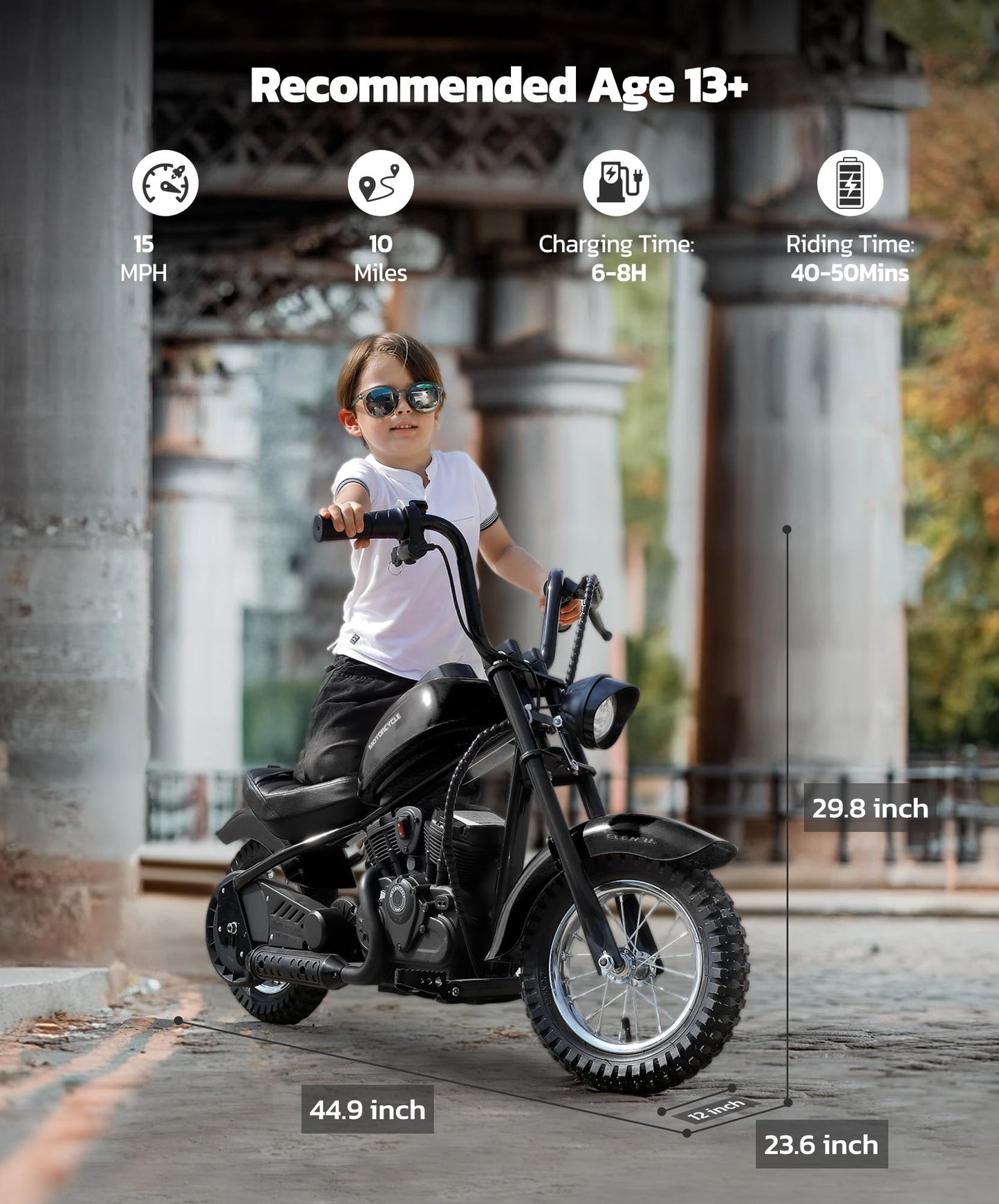 ELEMARA Electric Dirt Bike, 15 mph & 150lb Max, 24V Ride on Toy for Big Kids w/LED Lights & Power Display,Chain-Driven Motor,Twist-Grip Throttle, Shock Springs,Handbrake,12" Air-Filled Tires-Black