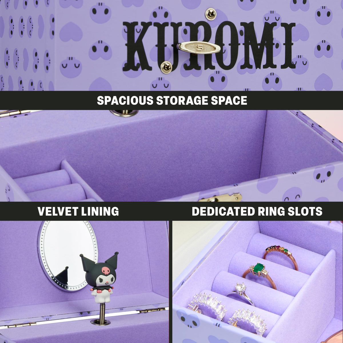 Hello Kitty Sanrio Kuromi Musical Jewelry Box for Girls Teens Women Kawaii Wind Up Music Box Jewelry Organizer Ring Holder Gifts for Women (Purple Kuromi)