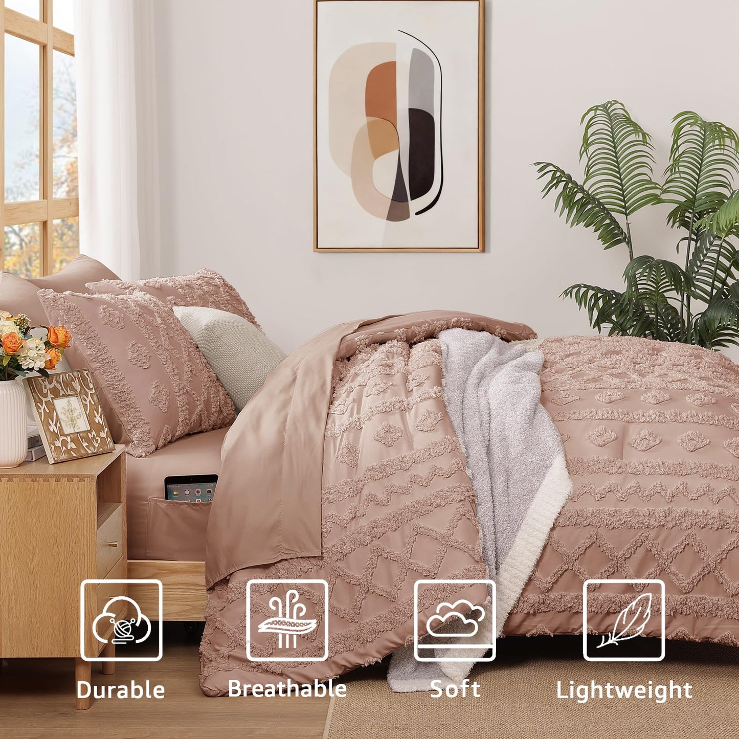 WRENSONGE Queen Comforter Set with Sheets - 7 Pieces Rusty Pink Tufted Bed in a Bag Queen Shabby Chic Bedding Sets with 1 Comforter, 2 Sheets, 2 Pillowcases & 2 Shams