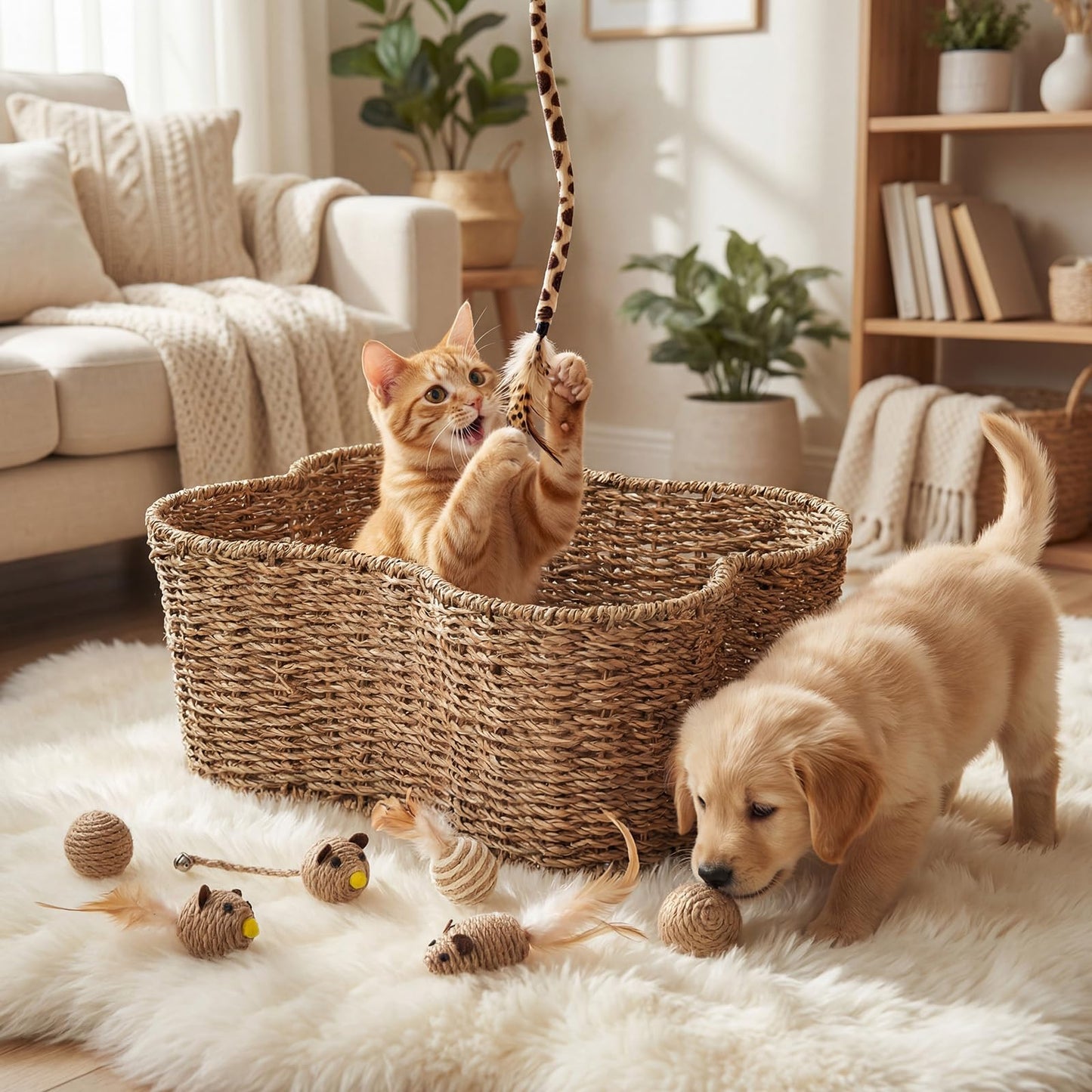 Leitee 16 x 12.8 Inch Mother‘s Day Bone Shaped Seagrass Wicker Basket with 8 Pcs Cat Toy, Cat Storage Basket Gift Set with Sisal Ball Mice Feather Stick, Interactive Toys for Indoor Cats and Kittens