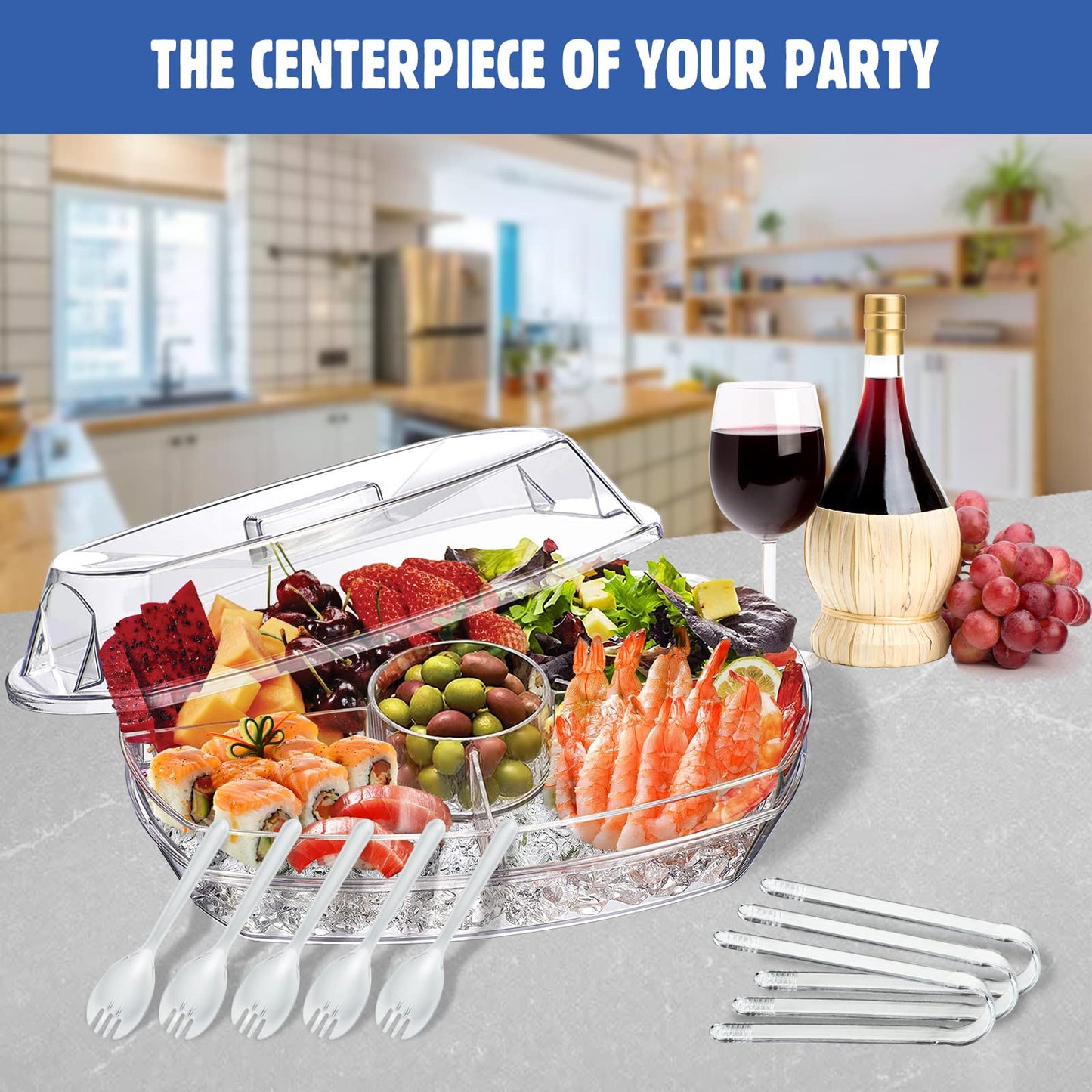LIMOEASY Chilled Serving Tray, 15" Clear Plastic Party Platter with 4 Compartments, Ice Serving Bowl with Lid, Shrimp Cocktail Serving Dish, Cold Food Buffet Server for Fruit, Veggie, Appetizer, Sushi