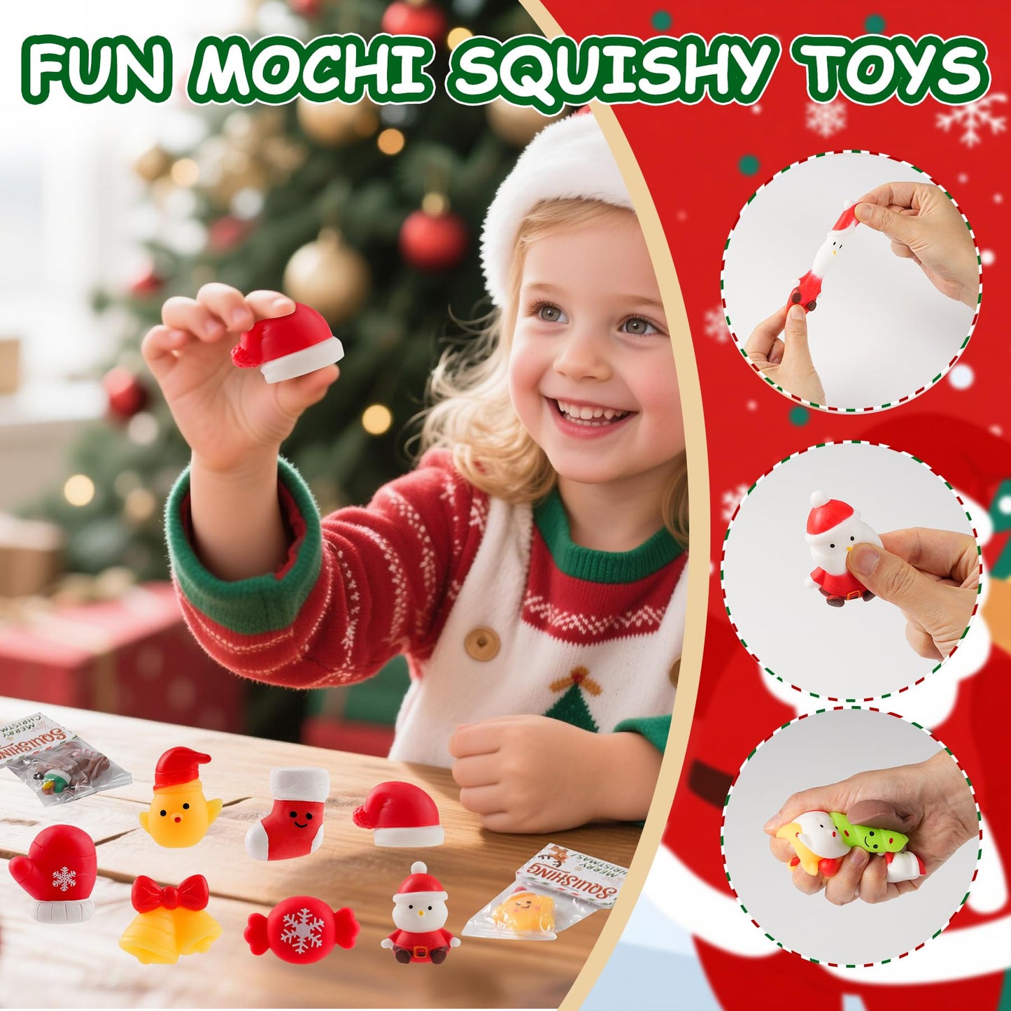 Christmas Mochi Squishy Toys 24 Pack with Gift Card, Mini Squishy Toys, Christmas Stocking Stuffers, Party Favors for Kids, Stress Relief Toys, Goodie Bags Fillers (Christmas Red Box)