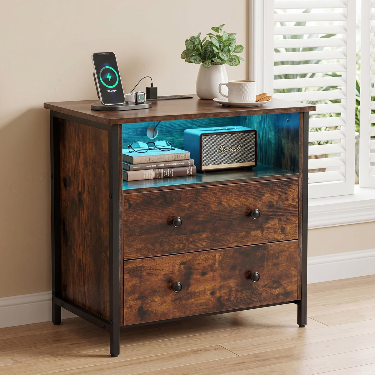 Tykacna 27 Inch Wide Night Stand, Large Wood Night Stand with 2 Drawers, LED Nightstand with Charging Station and Adjustable Drawer, Bedside Table for Living Room/Bedroom/Study/Office, Retro.
