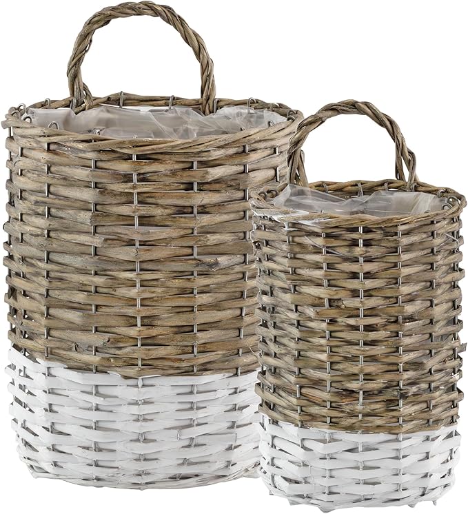AuldHome Design Wall Hanging Baskets; Woven WIcker Rustic Farmhouse Two-Tone