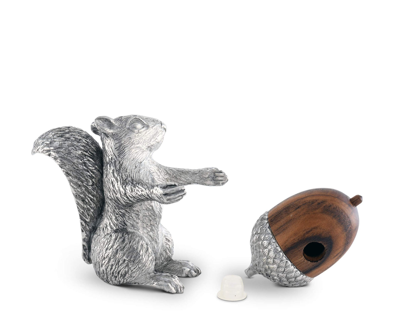 Vagabond House Pewter Squirrel with Wood Acorn Salt and Pepper Shaker Set Fall Harvest Tableware 3 inch Tall