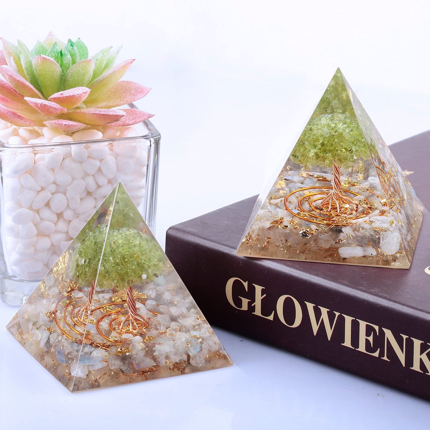 Rockcloud Tree of Life Orgone Pyramid Energy Generator Reiki Crystal Stone Home Office Handmade Ornament Decor for Chakra Balancing 2.36 inches, Labradorite