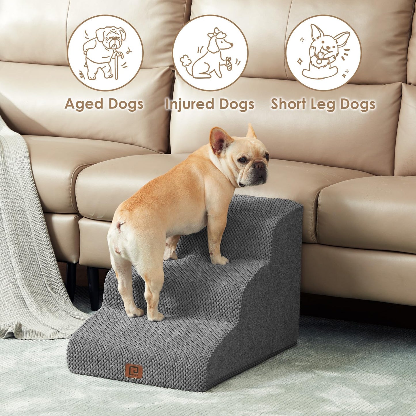 EHEYCIGA Curved Dog Steps for Bed, 3-Step Dog Stairs for Sofa, High Density Foam Pet Steps for Small Dogs and Cats, Pet Stairs for Couch, Non-Slip Dog Ramp with Washable Cover, 40x57x40cm, Dark Gray