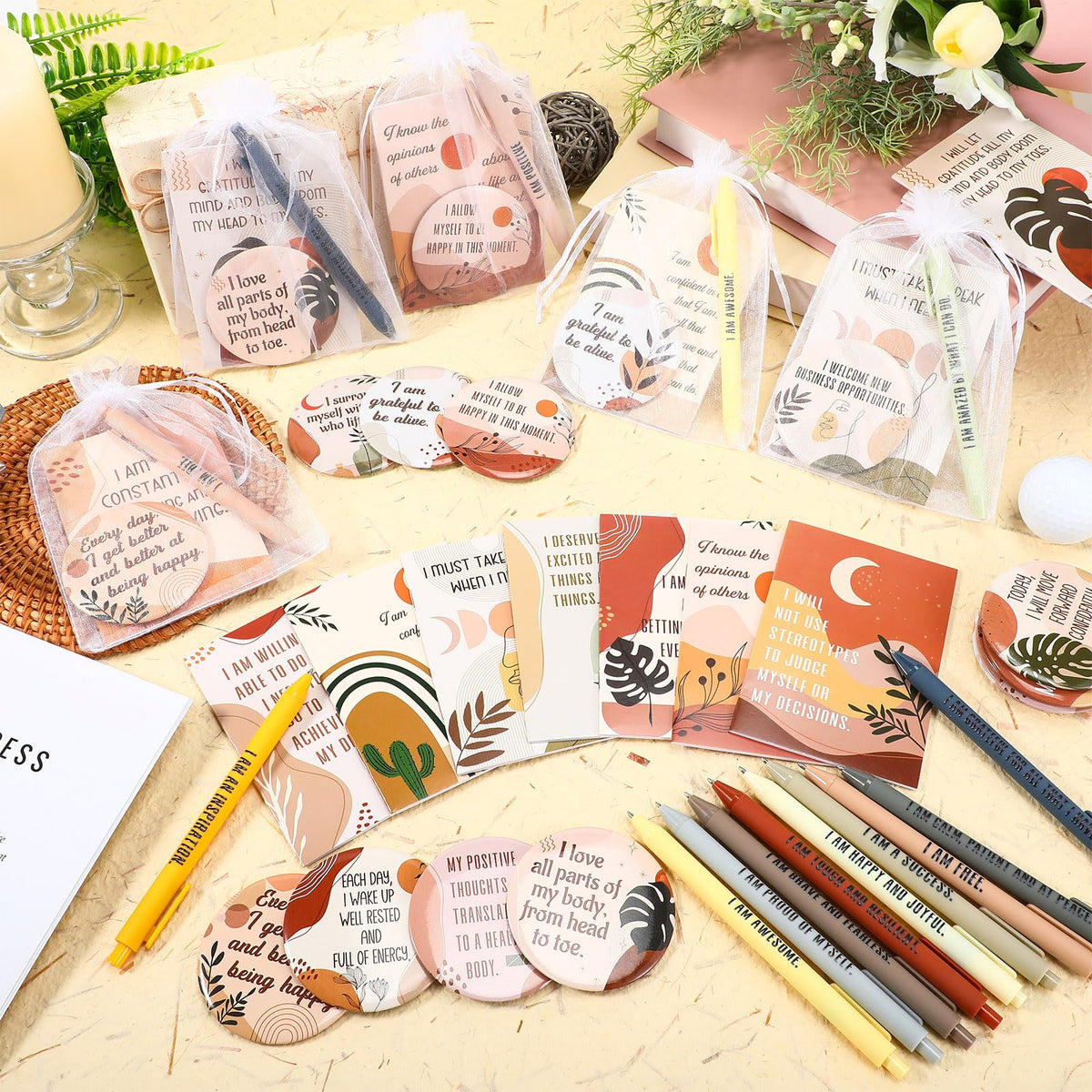 Mooliwe 72 Pcs/24 Set Positive Affirmation Gift Set for Women Gratitude Notebooks with Ballpoint Pens Mini Mirrors Small Bags Motivational Encouragement Notepad for Women Coworkers Adult Party Favor