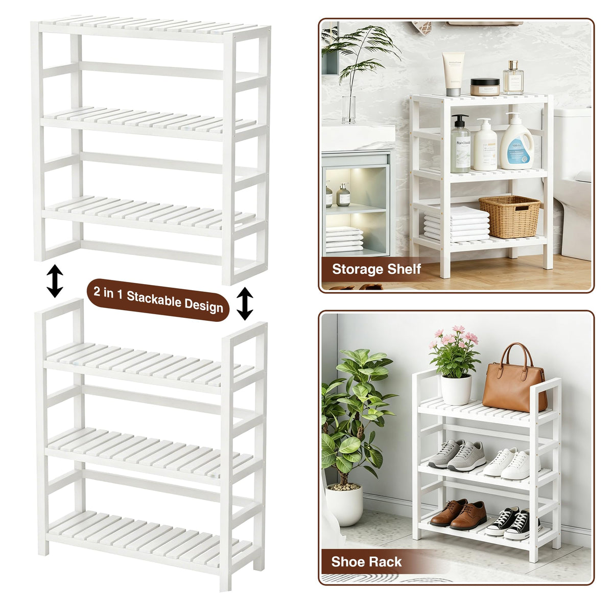 VASMIA 6-Tier Bamboo Shelf,Bamboo Storage Shelving Unit,Tall Bookcase with Adjustable Shelves,Multipurpose Storage Display Shelf for Bathroom, Living Room, Balcony, Kitchen,White