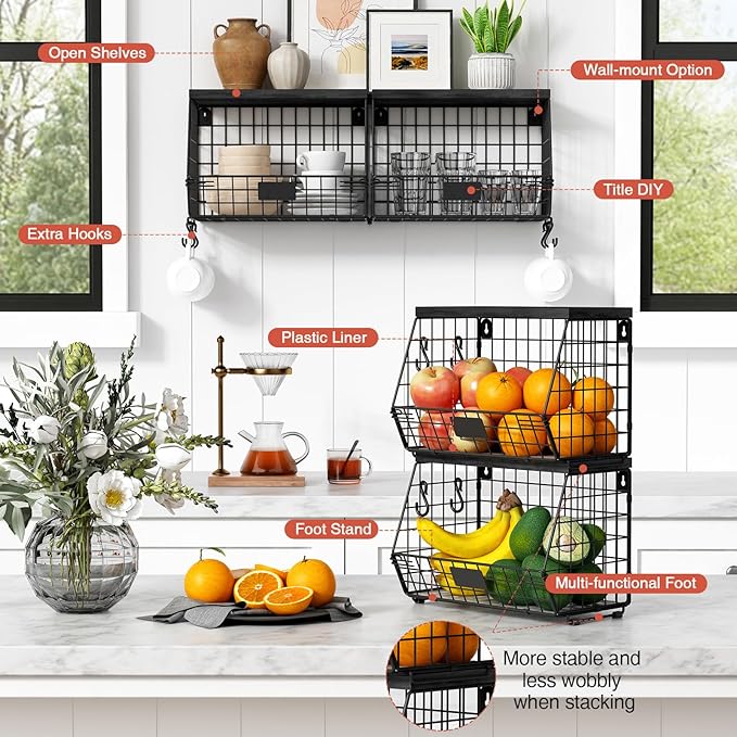 Black Kitchen Wall Hanging Storage Basket Set of 2, Rustic Stackable Kitchen
