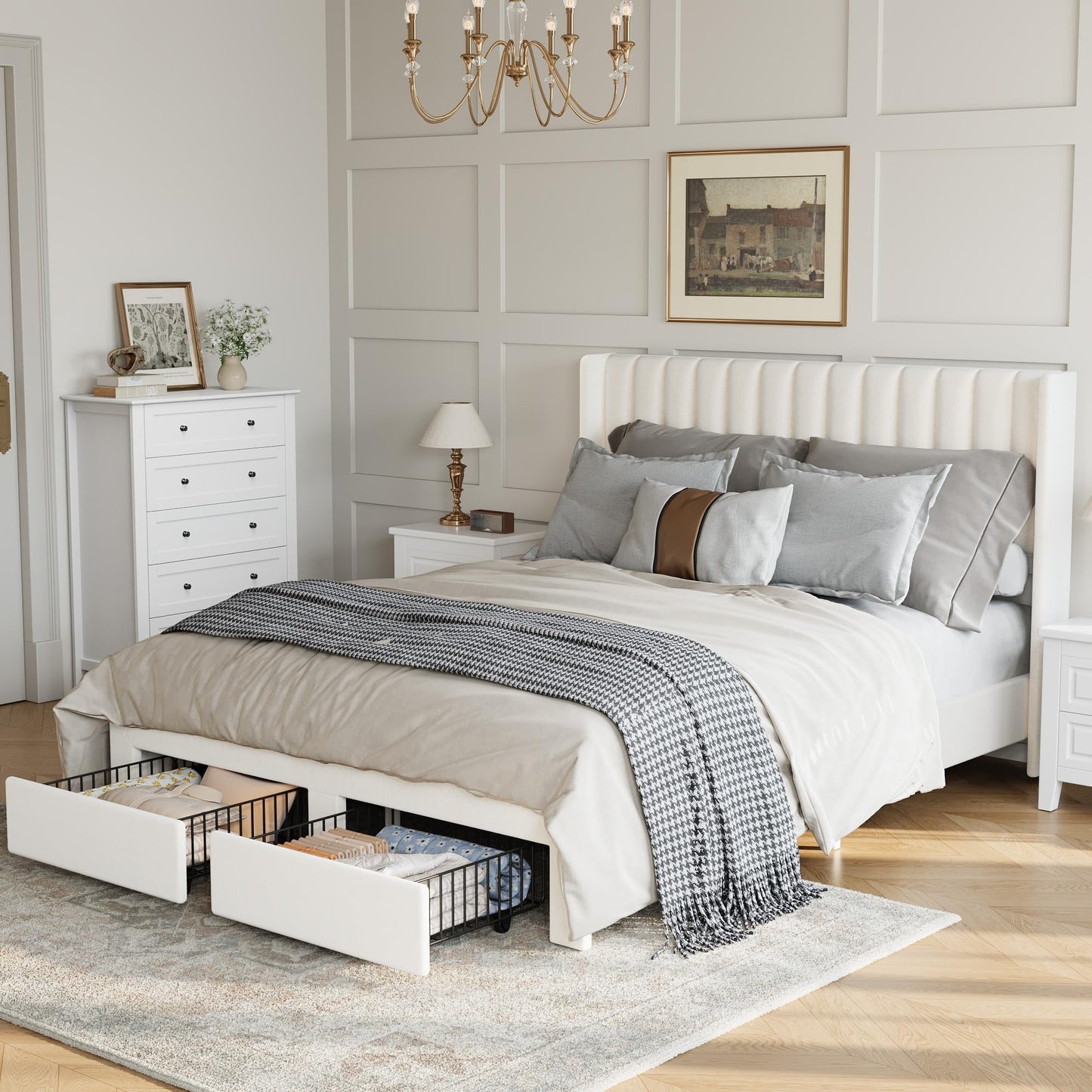 GarveeHome Queen Size Bed Frame, Bed Frame Upholstered Platform Bed with Velvet Headboard, Wing Edge Design, 2 Storage Drawers, No Box Spring Needed, Beige