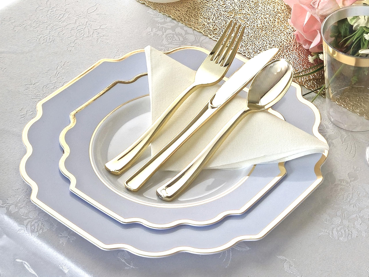 " OCCASIONS " 50 Plates Pack (25 Guests)-Heavyweight Wedding Party Disposable Plastic Plate Set -(25x10.5'' Dinner + 25x8'' Salad/dessert (Imperial in White/Blue & Gold)