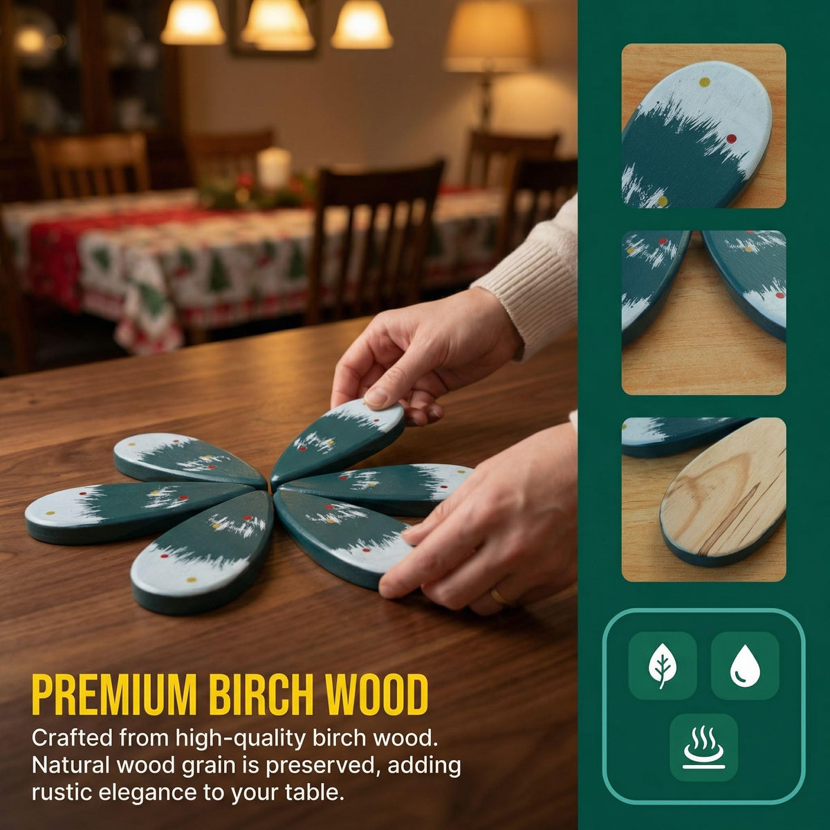 Green Wooden Trivet Tree - High End Wood Coasters Resistant Trivets for Hot Dishes & Pans - Kitchen Decorations Table Centerpieces Senior Birch Material