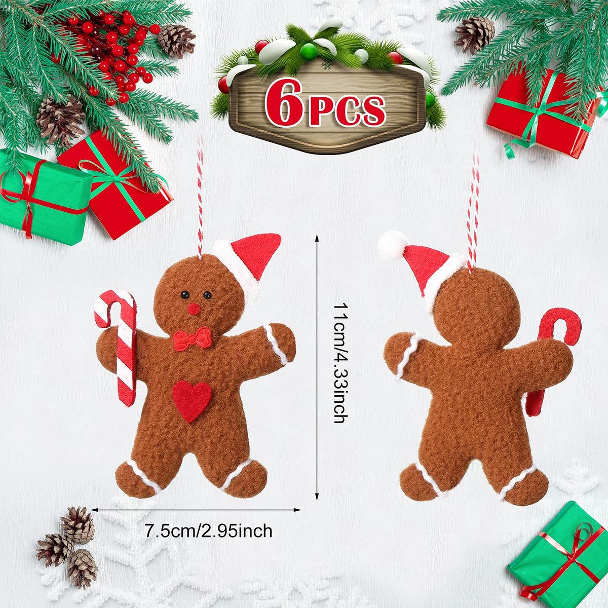 Sumind 6 Pieces Gingerbread Man Ornaments for Christmas Tree Decorations Gingerbread Figurines Ornaments for Christmas Tree Hanging Decorations, 4.3Inch