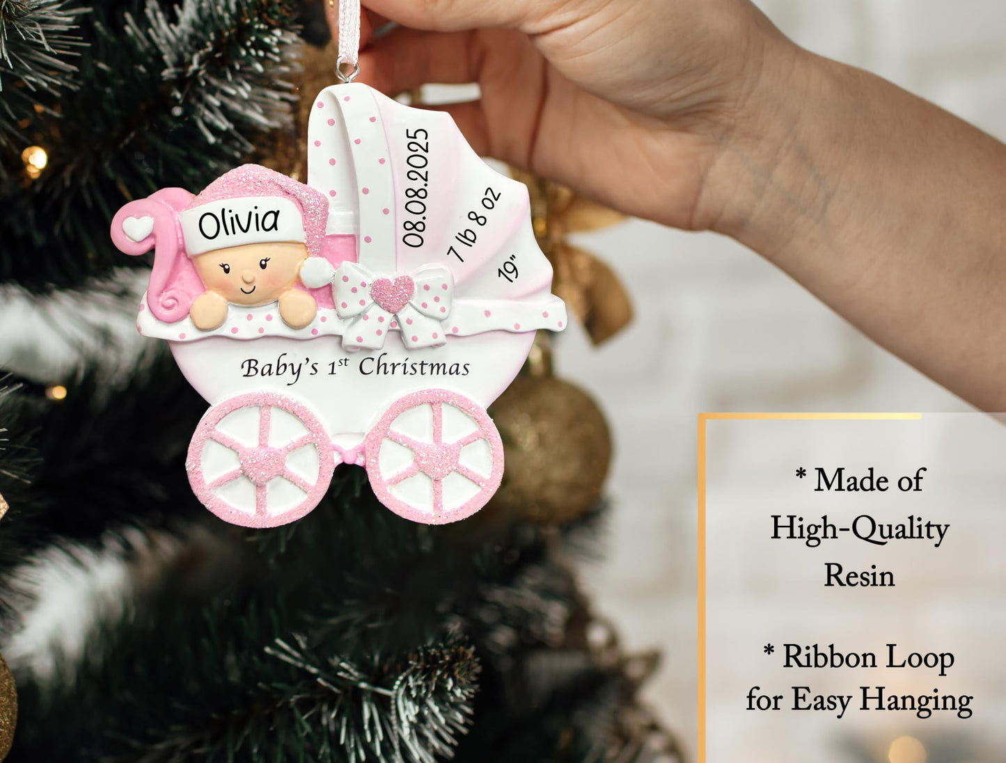 UniqXmas Personalized Baby's First Christmas Ornament 2025 | Baby Girl Carriage Xmas Tree Decoration Pink Stroller | My 1st Xmas Keepsake for New Baby Newborn Grandbaby - Custom Name & Year