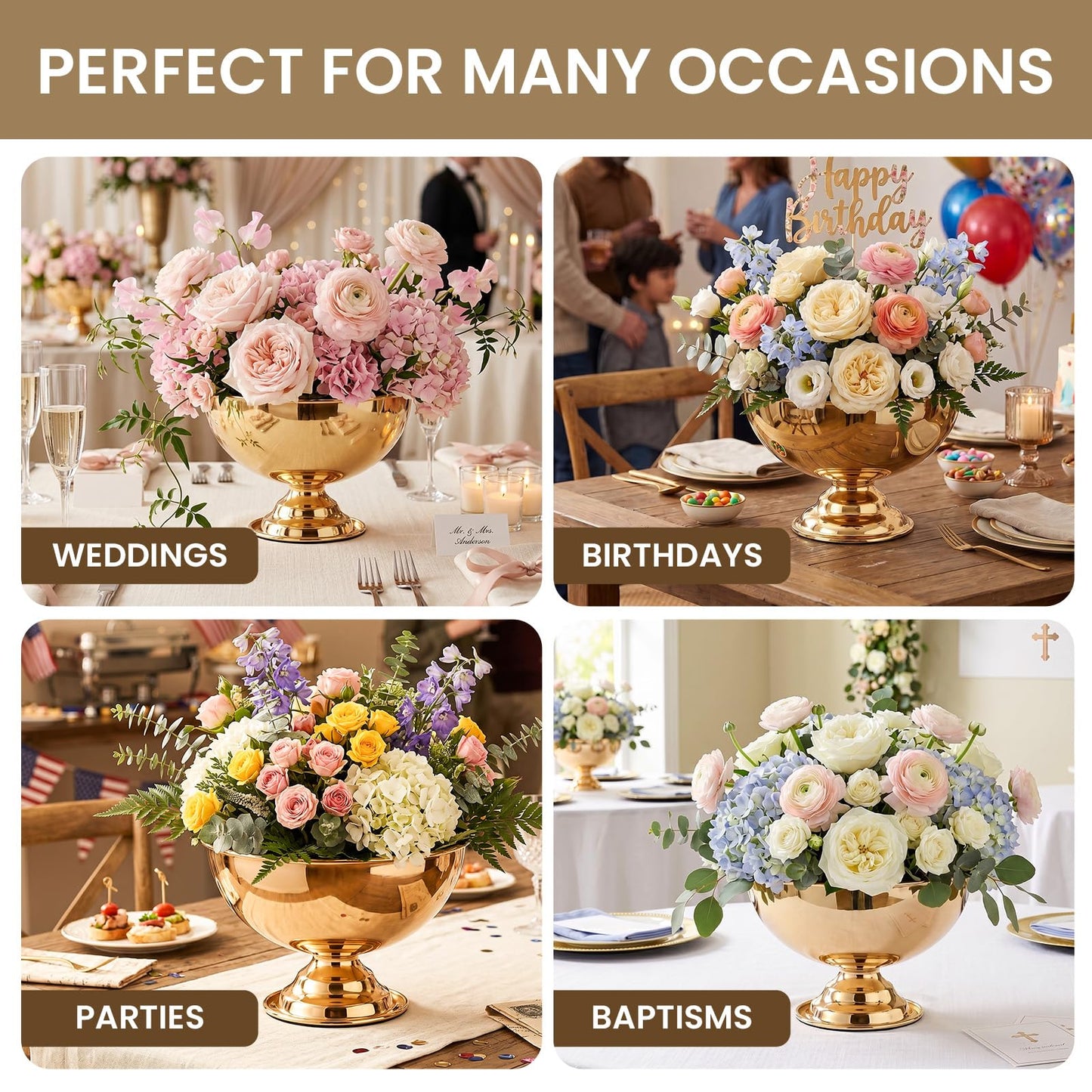 fehiuji Gold Vases for Centerpieces 2 Pack, 8.07 Inch Electroplated Mirror Finish Footed Bowl for Wedding & Home Decor