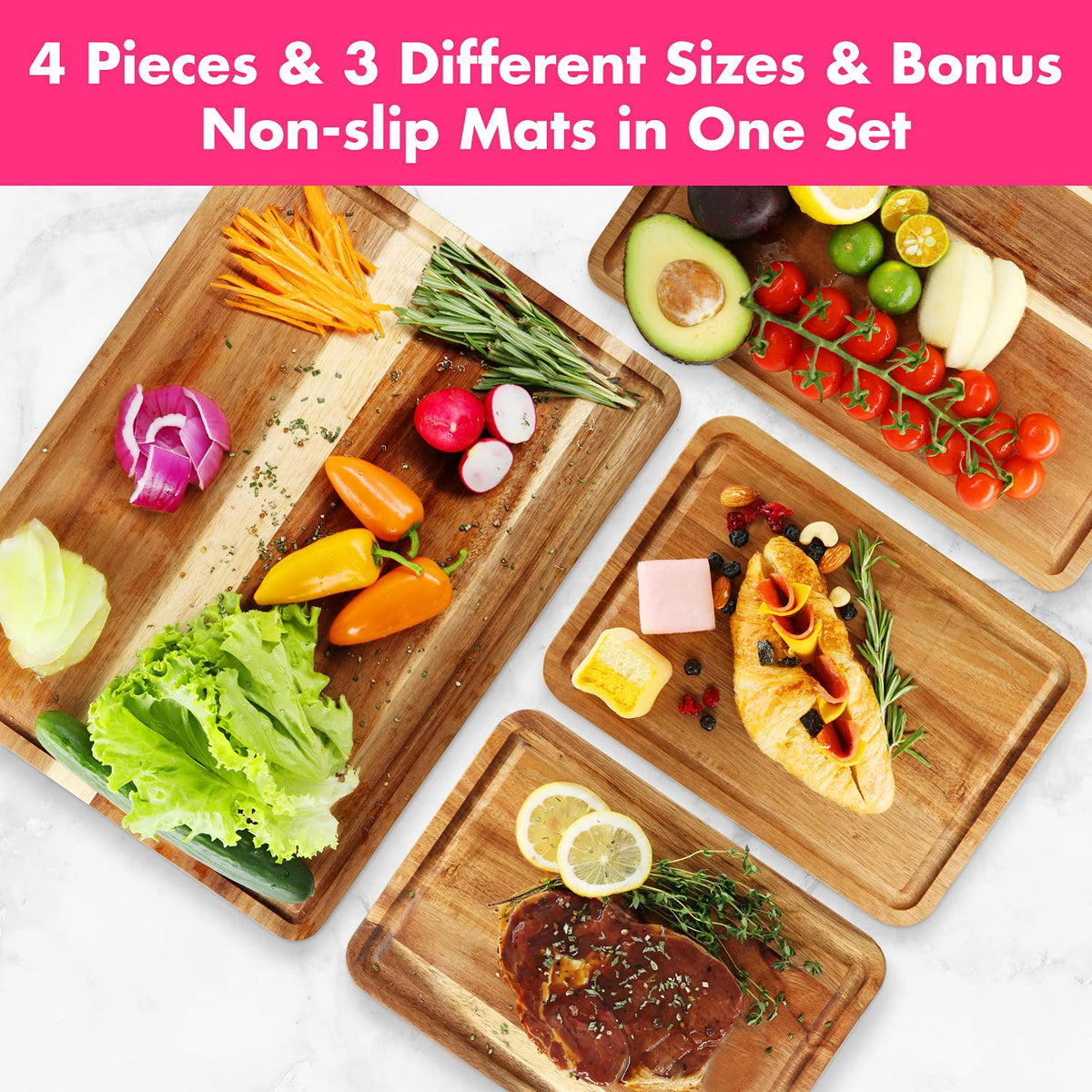 AZRHOM Large Wood Cutting Boards Set of 4 for Kitchen Cheese Charcuterie Board (Gift Box Included) Acacia Butcher Block with Non-slip Mats, Juice Groove and Handles (16x12, 14x10, double 11x8 inch)-4