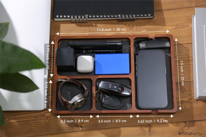 Shinpuru Wooden Valet Tray for Men, Nightstand Organizer with Leather Inlay, EDC Essentials Catchall Tray for Keys, Phone, Wallet, Watch, Earbuds - Bedside Desk Entryway Tray (Wood)