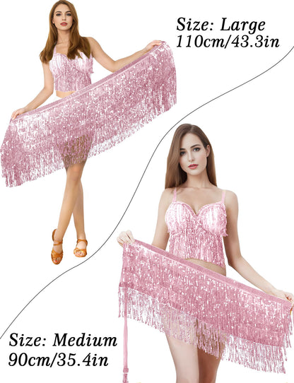 Sequin Tassel Skirt Belly Dance Hip Scarf Wrap Sparkly Tinsel Fringe Skirt Rave Festival Outfit Halloween Costume for Women Glitter Hannah Montana Preppy Cowgirl Disco Sequence Shimmer Cloth Pink 90