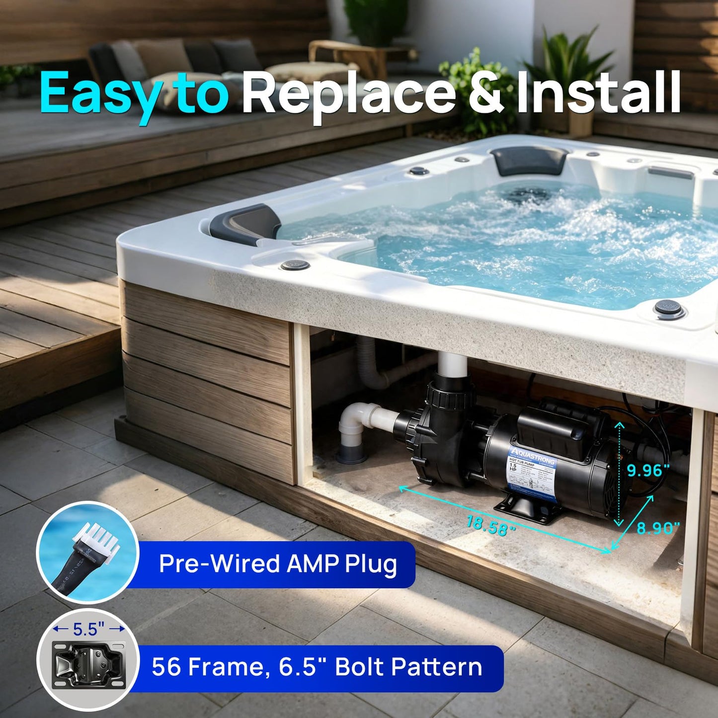 Aquastrong SPA Pump, Dual Speed Hot Tub Pump, Pure Copper Motor, Low Noise, Easy Installation with 1.5" & 2" Adapters, 90° Rotating Inlet & Outlet, Compatible with Hot Tubs & Spa Systems, Light Grey