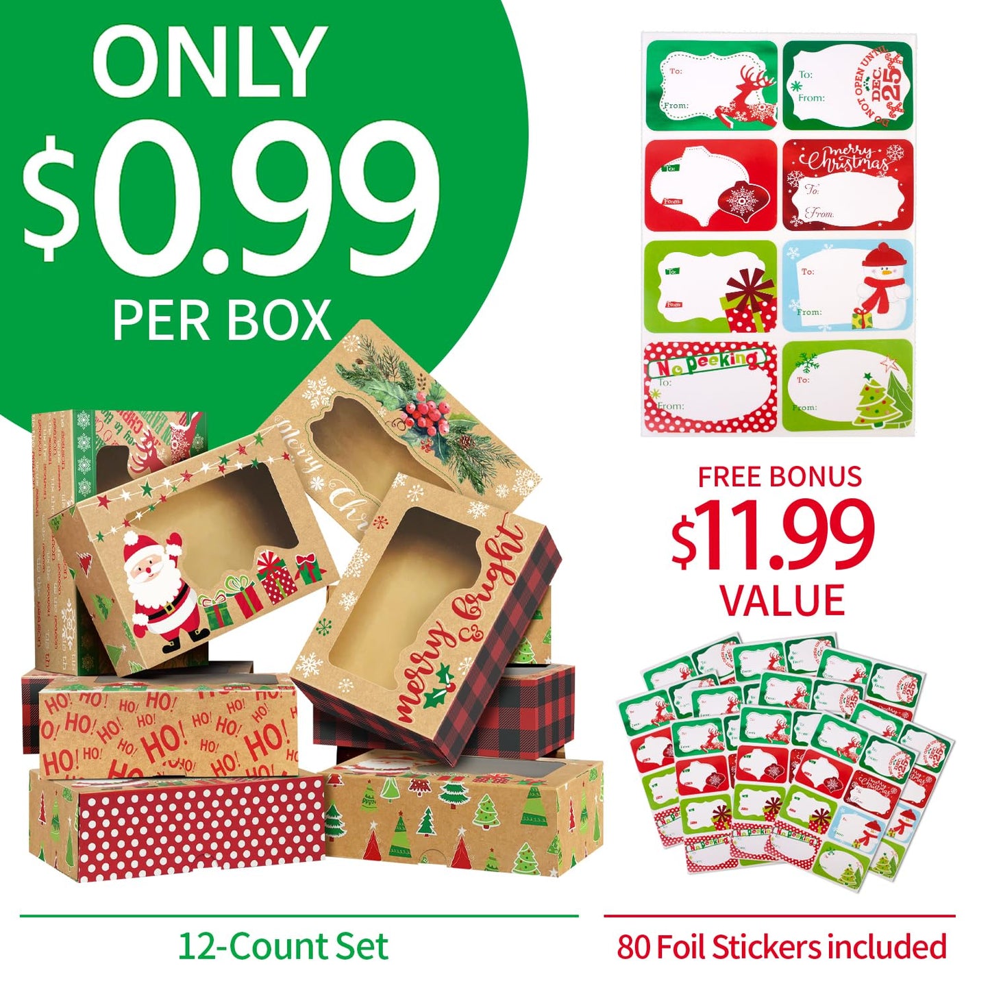 Party Funny 12 Christmas Cookie Boxes -Large Holiday Bakery Food Container for Gift Giving with 80 Count Christmas Foil Gift Stickers