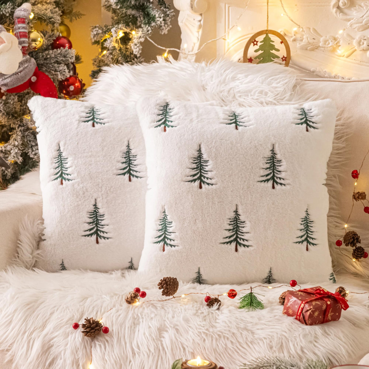 AQOTHES Christmas Tree Green Throw Pillow Covers 18x18, Soft Faux Fur Embroidered Throw Pillows for Couch Sofa Cushion Covers Holiday Home Decor