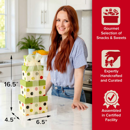 Broadway Basketeers Mother's Day Tower, gift basket with Sweet & Savory Treats, Thank You Gift for Mom, Birthdays, Holidays & Celebrations, Kosher