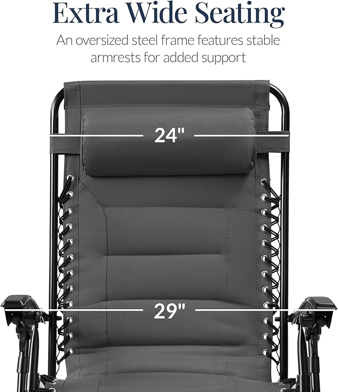 Best Choice Products Oversized Padded Zero Gravity Chair, Folding Outdoor Patio Recliner, XL Anti Gravity Lounger for Backyard w/Headrest, Cup Holder, Side Tray, Polyester Mesh - Gray