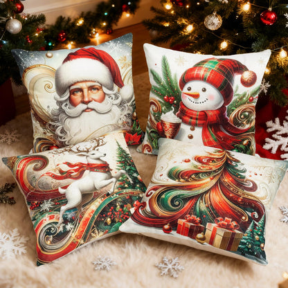 Harraca Christmas Throw Pillow Covers 18x18 Set of 4 Winter Holiday Decorative Pillowcase Reindeer Snowman Christmas Tree Santa Farmhouse Home Decor for Sofa Couch Cushion