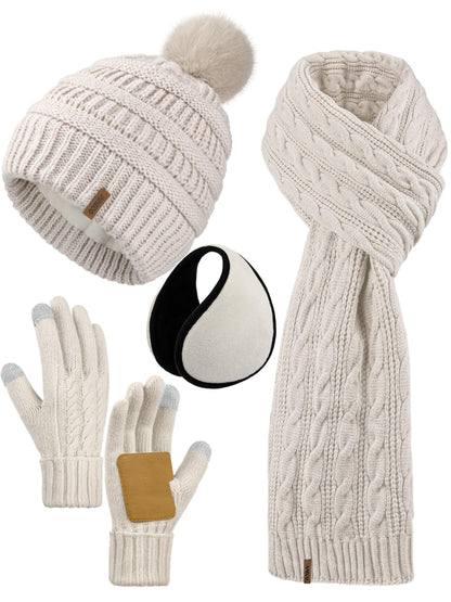 Aneco 4-in-1 Women Winter Beanie Hat Scarf Touchscreen Gloves Ear Warmer Set Fleece Lined Warm Knit Skull Cap with Pom Pom Oatmeal