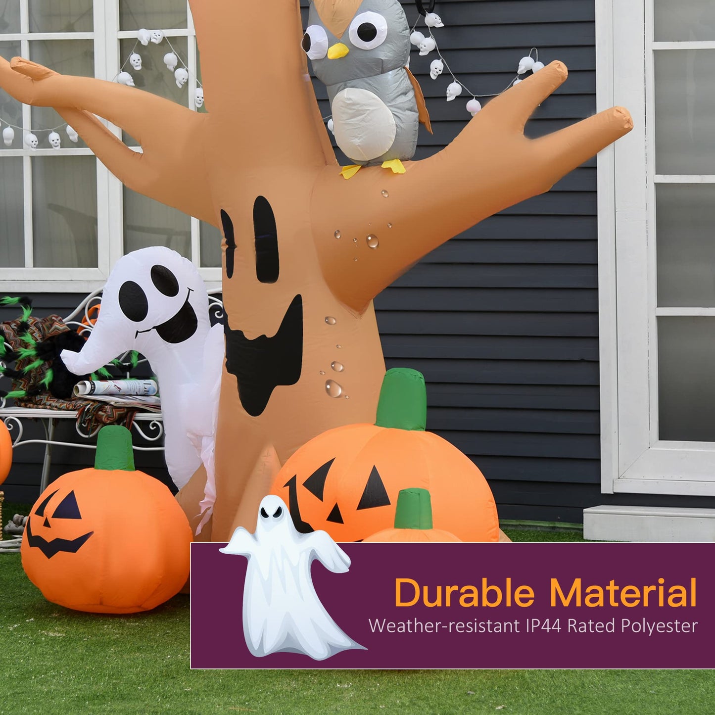 HOMCOM 7.5' Tall Lighted Halloween Inflatables Outdoor Decorations Haunted Tree with Owl, Ghost, Pumpkins, Blow Up LED Yard Decor for Garden, Lawn, Party, Holiday, Waterproof