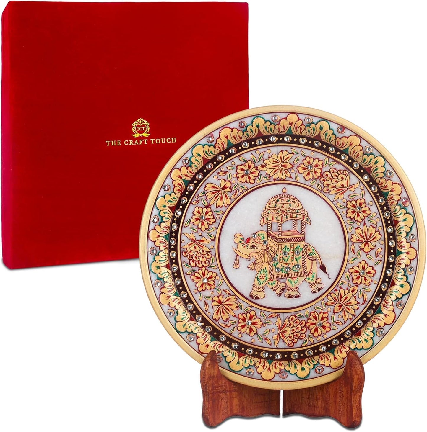 Handcrafted Marble Decorative Art, 9 Inch – Hand-Painted Gold Elephant & Floral, Indian Art Display Accent for Living Room, Entryway & Office & Housewarming Gift (Royal Elephant With Velvet Box)