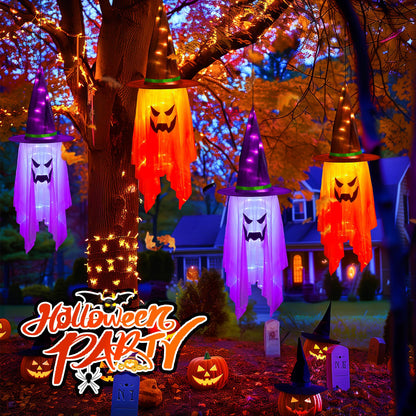 Minetom Halloween Lights Battery Operated, 2PC Large Hanging Witch Hats Lights, Total 40 LED, Glowing Ghost Witch Hat Light, Halloween Light Decoration for Outdoor Tree Indoor, Orange and Purple
