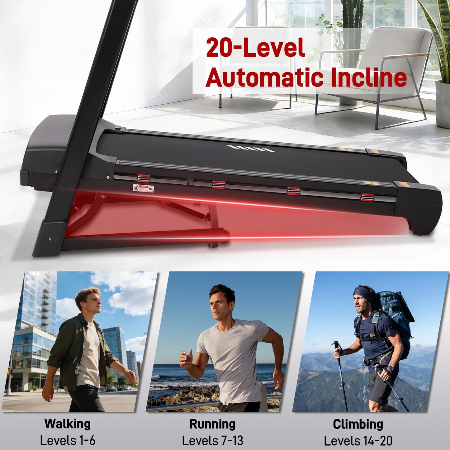 Heavy Duty Treadmill for Home, 20" Wide Deck, 20-Level Auto Incline
