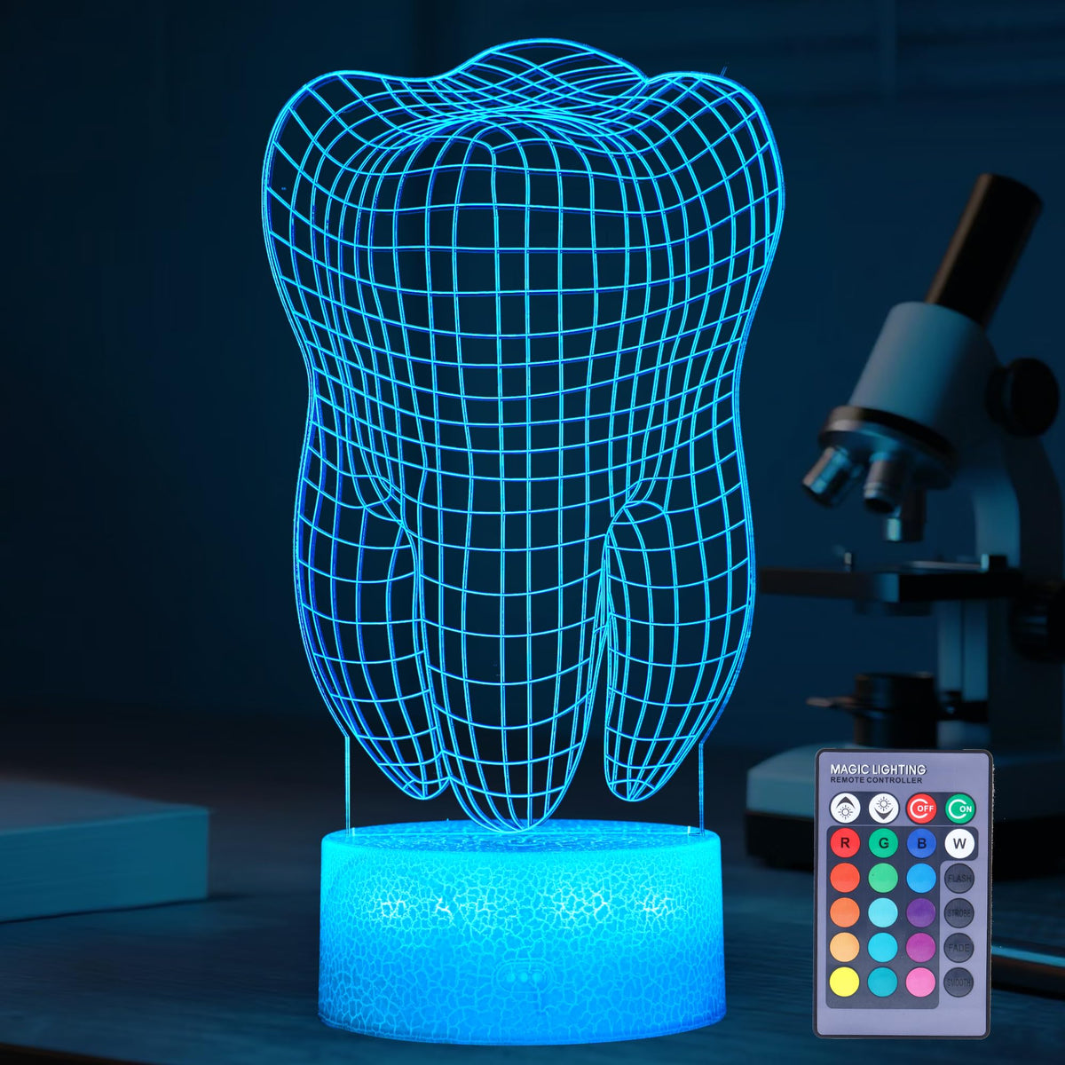 POSSHE Dental Gifts, 3D Tooth Night Light, 3D Illusion Lamp, 16 Colors Changing, Remote Control, Dimmable, Living Room Decoration, Xmas Tooth Model Gifts