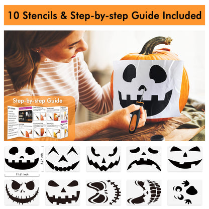 Shuttle Art 20 PCS Halloween Pumpkin Carving Kit, 10 PCS Professional Heavy Duty Stainless Steel Pumpkin Carving Tools with 10 Pumpkin Stencils and Carrying Case, Safe and Durable for Kids Adults