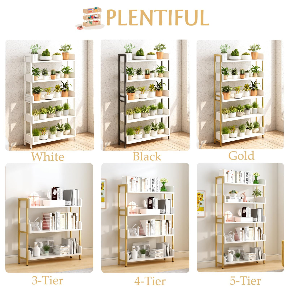 OSCHF Wide Open Shelf Bookcase - Modern 3-Tier Floor Standing Display Bookshelf with Three-Side Panels for Home and Office, Storage Shelving in Warm White with Gold Frame