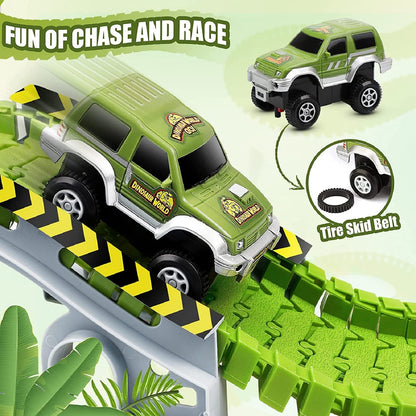 Dinosaur Toys for 3-7+ Year Old Boys Girls, Flexible Tracks Race Car Set, World Road Race Birthday Gift for Kids Aged 3-5