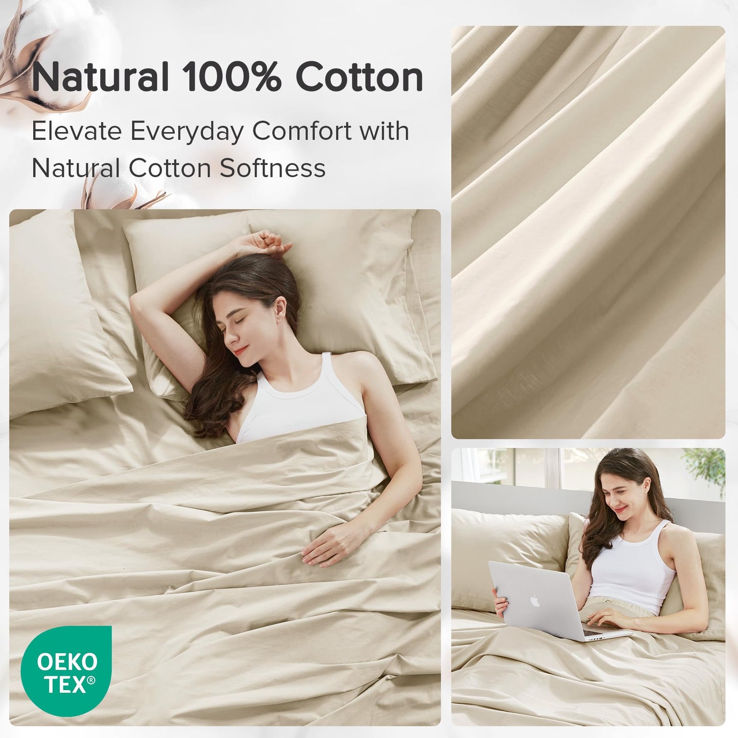 Comfort Spaces 100% Cotton Sheets Twin, Breathable & Ultra Soft Cotton Sheets, Naturally Cool Cotton Bed Sheets with 12" Elastic Pocket Fits up to 14" Mattress, All Seasons Sheet Set, Cream 3 Piece