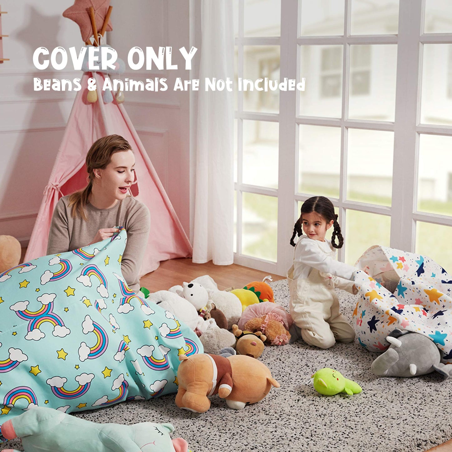 Nobildonna Stuffed Animal Storage Bean Bag for Kids (No Filler), Extra Large 250L Bean Bag Chair Cover Only, Washable Beanbag Without Filling Soft Premium Canvas Stuffable Bean Bag Cover (Rainbow)