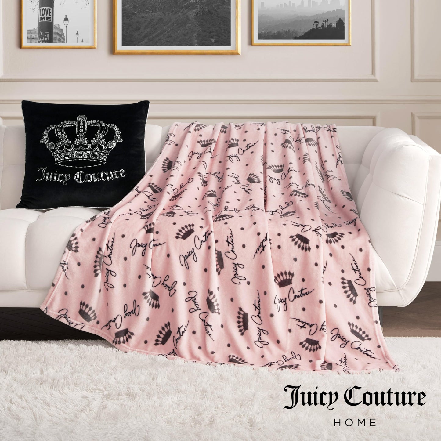 Juicy Couture - Throw Blanket | Crown Royal | Plush and Cozy | Decorative Blankets for Sofas, Chairs and Beds| Luxurious and Soft | Chic Home Decor | Measures 50" x 70" | Blush/Grey
